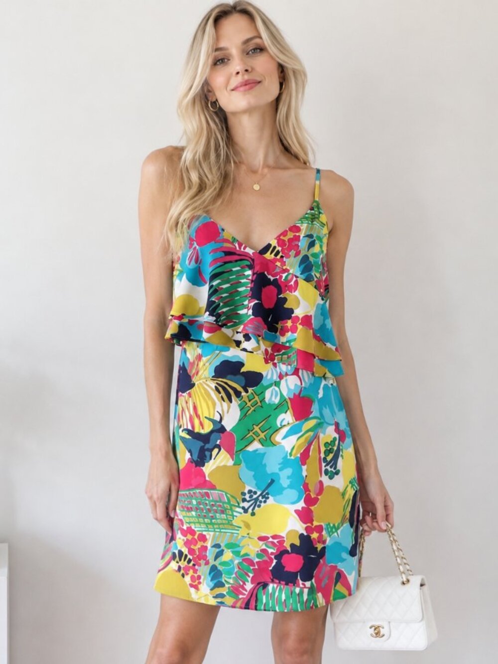 J. Crew Tropical Floral Ruffle Cami Shift Dress Multicolor Summer Spring Size 4